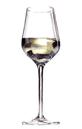 Watercolor painted wine glass with white wine on a white backgroundの写真素材