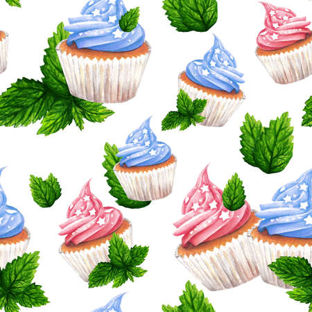 Pattern on white fones with mint leaves, pink cupcake and blue cupcake drawn in watercolorの写真素材