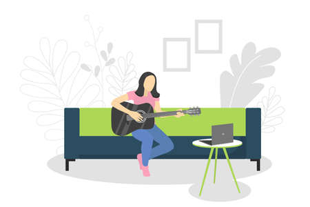 Vector illustration with a girl sitting on a sofa and playing the guitar. Learning to play the guitar at home. Poster motivating to play a musical instrument. For sites, articles and online classのイラスト素材