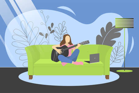 Vector illustration with a girl sitting on a sofa and playing the guitar. Learning to play the guitar at home. Poster motivating to play a musical instrument. For sites, articles and online classのイラスト素材