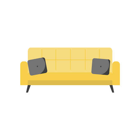 Vector illustration of a yellow sofa with gray pillows. Drawn in cartoon flat style. Isolated on a white background. To create a design, interior design conceptsのイラスト素材