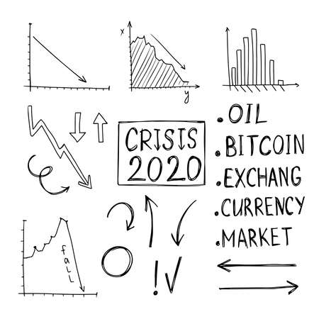 Vector Set of Crisis Charts. Drawn by hand in doodle style with a black outline isolated on a white background. For use in business, design, presentation designのイラスト素材
