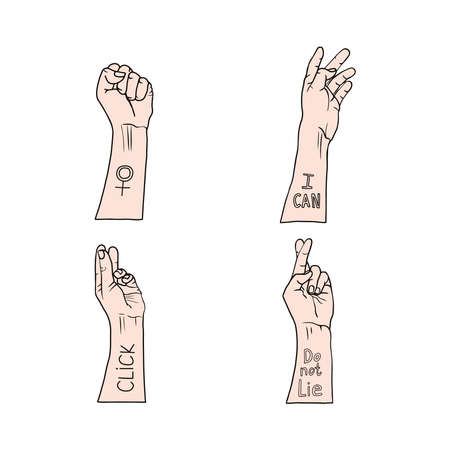 Vector illustration of 4 female hands with symbols and text. Hand-drawn, black outline in cartoons style on a white background. Image of a gender symbol. For poster, prints, feminism designs.のイラスト素材