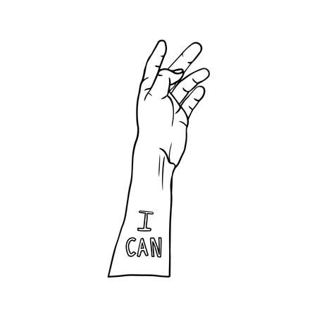 Vector illustration of 4 female hands with symbols and text. Hand-drawn, black outline in doodle style isolated on a white background. Image of a gender symbol. For poster, prints, feminism designs.のイラスト素材