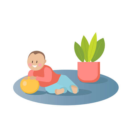 Vector illustration of a child playing with a ball near a potted plant. Drawn in flat style in bright colors. For creating children's posters, printing on fabric, prints, stickers.のイラスト素材