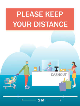 Vector Poster - Please keep your distance. Motivation during an epidemic. Drawn in flat style. Man with trolley, cashout and woman with packages. For printing as a poster, banner, flyer.のイラスト素材