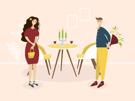 Date of a happy couple in a restaurant. Romantic meeting of man and woman in a cafe. Nearby is a table with glasses and candles. Concept of a romantic candlelight dinner in a flat style. Dating clubのイラスト素材
