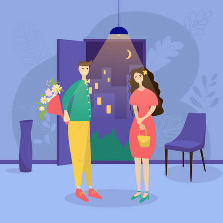 Date of a happy couple in a hall. Romantic meeting of man and woman. A man with flowers meets a woman on a date in the hallway of the house. Concept of a romantic dating in a flat style.のイラスト素材