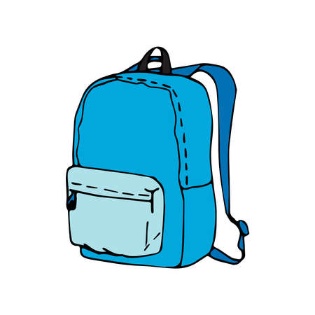 Vector illustration of a blue backpack for school or tourism with a pocket in front, a zipper, isolated on a white background, cartoon style. For children's books, posters, design, educational, decorのイラスト素材