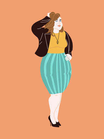 Character of curvy beautiful confident woman. Happy overweight woman in a skirt and a jacket with heels. Illustration in flat style with a large girl. For design on the theme of love for your body.のイラスト素材