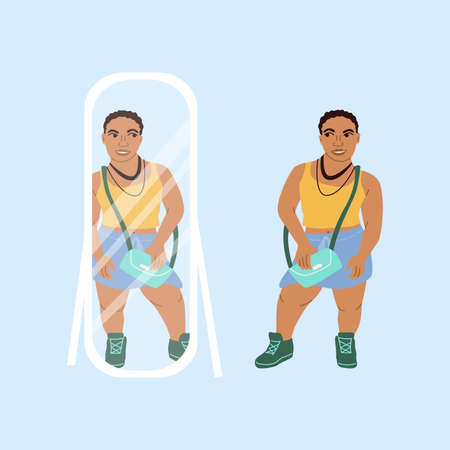 A beautiful African-American woman of small stature at the mirror. People with achondroplasia disease. A girl with an unusual appearance. Illustration with a woman of special appearance.のイラスト素材