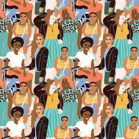 Seamless patterns of lovely women with natural beauty, different shapes, heights and skin colors. Different women in a flat style. Stylish trendy pattern for textiles, wrapping paper, covers, fabrics.のイラスト素材