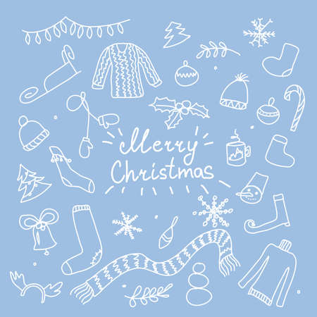 Cute set with Christmas and New Year elements to create your design. Set of Christmas winter symbols hand drawn in doodle style. A set of elements for creating winter designs, patterns and decoration.のイラスト素材