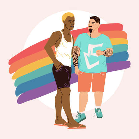 A square poster with a couple of homosexuals in front of the flag of the LGBT community. Gay couple African American and white hipster with tattoo on arm. Lgbt communities poster concept. Men in loveのイラスト素材