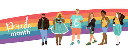 Banner with different people from the lgbt community. Lgbt community poster and rainbow flag. The right to free relations of non-traditional couples. Tolerance for unconventional relationships.のイラスト素材