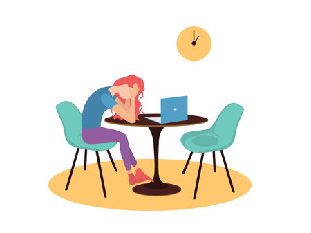 Vector illustration in flat style. A woman is sitting at a table opposite a laptop. Problems with working online. Depressed state from being at home. A lonely woman procrastinates at the computer.のイラスト素材
