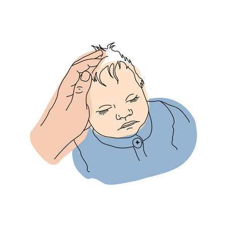 Illustration of a sleeping baby. Newborn sleeping baby in line graphic. Sweetly sleeping toddler. Icons with sleeping babies. Vector illustration concept time for bed. Cute babies see dreams.のイラスト素材