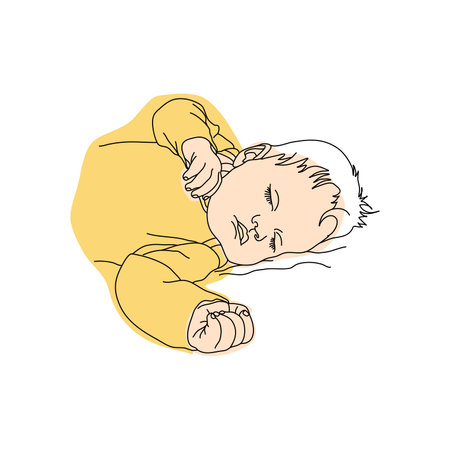 Illustration of a sleeping baby. Newborn sleeping baby in line graphic. Sweetly sleeping toddler. Icons with sleeping babies. Vector illustration concept time for bed. Cute babies see dreams.のイラスト素材