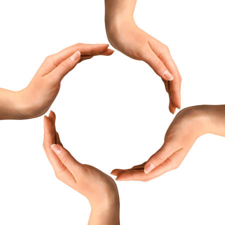 Conceptual symbol of four human hands making a circle on white background with a copy space at the centreの写真素材
