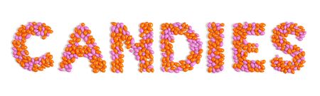 Word CANDIES colorful pattern made from dragee isolated on white background. High res stitched image.の写真素材