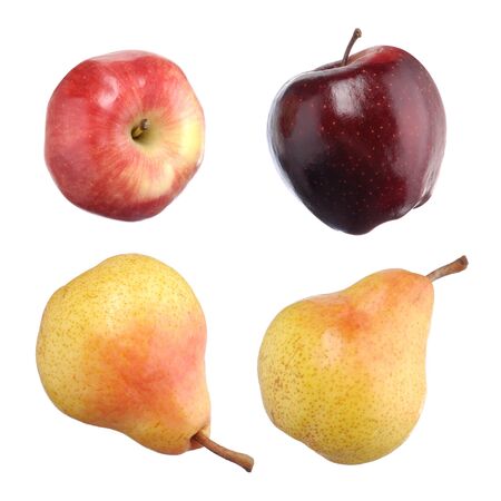 Closeup of red apples and yellow pears isolated on white backgroundの写真素材