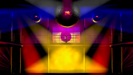 Night club interior with colorful spot lights and shining mirror disco balls artistic light showの写真素材