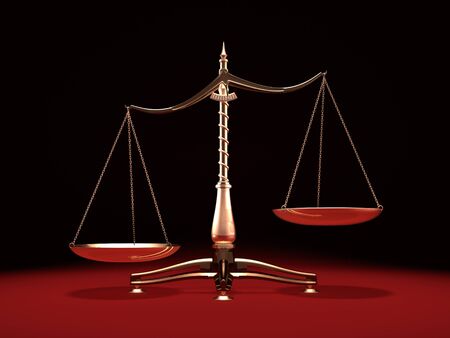 Biased brass weight scales Law and Justice symbol Isolated on black red backgroundの写真素材