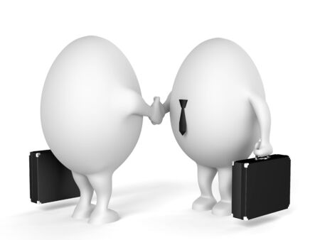 Two businessmen characters with a briefcases shaking hands. 3D illustration isolated on white background.の写真素材