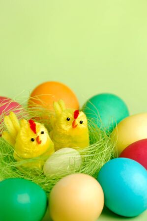 Colorful Easter eggs and two decorative chicks in a nest Artistic still life isolated on light green backgroundの写真素材