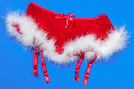 Red fluffy Christmas women skirt sexy romantic lingerie with white fur Isolated on blue backgroundの写真素材
