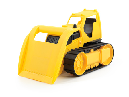 Yellow toy bulldozer isolated on white backgroundの写真素材