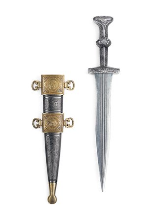Antique Roman dagger short sword and scabbard isolated on white background with clipping pathの写真素材