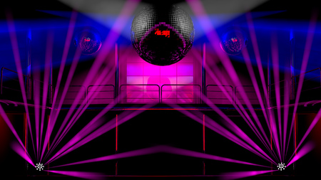Night club interior with colorful spot lights, lasers and shining mirror disco balls artistic light showの写真素材