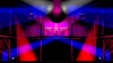 Night club interior with colorful spot lights and shining mirror disco balls artistic light showの写真素材