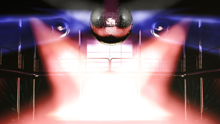 Night club interior with colorful spot lights and shining mirror disco balls artistic light showの写真素材