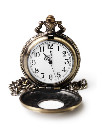 Antique pocket watch with open lid. Isolated on white background.の写真素材