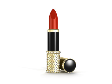 Red lipstick in a gold with diamonds luxury tube isolated on white backgroundの写真素材