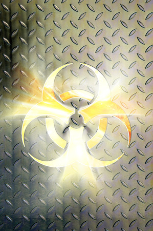 Glowing biohazard symbol over steel background Conceptual photo-illustrationの写真素材