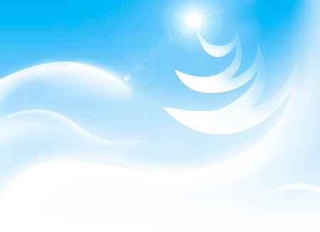 White stylized christmas tree and snowy hills over blue background artistic illustrationの写真素材