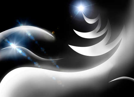 White stylized christmas tree and snowy hills over black night background artistic illustrationの写真素材