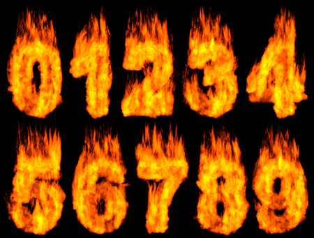 3D Illustration of burning digits isolated on black background.の写真素材