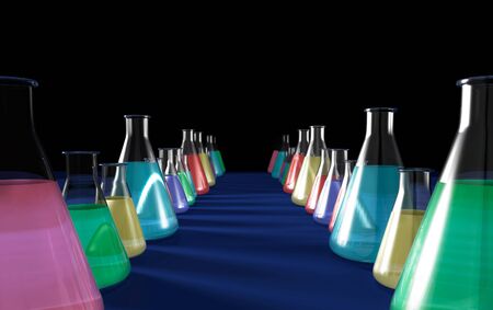 Conceptual 3D illustration of rows of laboratory flasks filled with colorful liquids Isolated on black blue background with copyspaceの写真素材