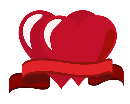 Illustration of two hearts tied with a red ribbon. Valentines day, love concept isolated on white backgroundの写真素材
