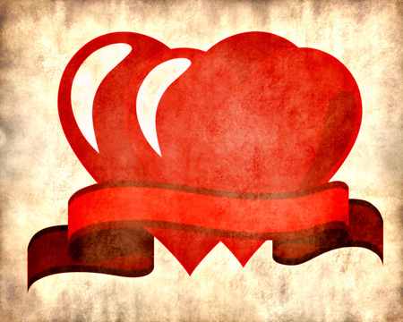 Vintage stylized illustration of Two hearts tied with a red ribbon Valentine card on parchment backgroundの写真素材