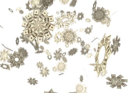 Conceptual 3D illustration of snowflakes made from hundred dollar bills falling from the sky Easy money Lottery prize concept Isolated on white backgroundの写真素材