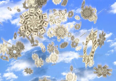Conceptual 3D illustration of snowflakes made from hundred dollar bills falling from the sky Easy money Lottery prize concept Isolated on white backgroundの写真素材