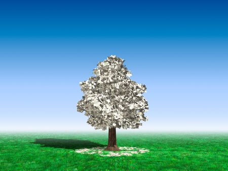 Money tree in the middle of a field with hundred dollar bills growing on it and lying on green grass under it. Investment conceptの写真素材