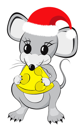 Little mouse cartoon character in a red christmas hat eating a piece of cheese Isolated on white backgroundの写真素材
