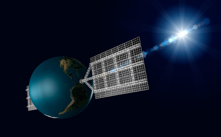 Planet Earth with solar panels attached to it. Solar power, Environmental technologies and sustainable power sources concept. Isolated on black background.の写真素材