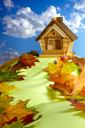 Wooden house on a hill covered with fallen autumn leaves under blue cloudy skyの写真素材